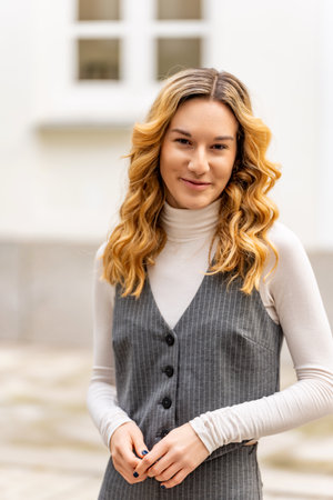 Portrait of a young blonde office worker smiling and posing outside the office buildingの写真素材