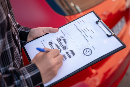 Insurance agent writing notes on clipboard, assessing damage on red car after traffic accident,...