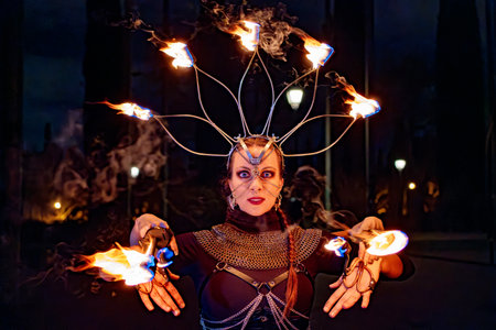 Woman fire dancer performing with multiple flaming torches attached to a headpiece and her arms, creating a mesmerizing spectacle at nightの写真素材