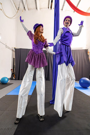 Two stilt walkers wearing purple costumes are performing a show in a circus training room with aerial silks and gym ballsの写真素材