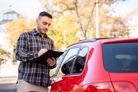 Insurance agent writing information on clipboard next to red car during vehicle inspection outdoorsの写真素材
