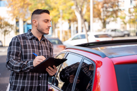 Insurance agent writing notes on clipboard after inspecting a red car parked on the streetの写真素材