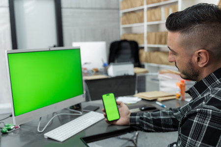 Businessman sitting at desk comparing green screen on computer monitor and smartphone in modern officeの写真素材