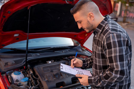 Insurance agent taking notes on clipboard while inspecting a damaged car engine after a car accidentの写真素材