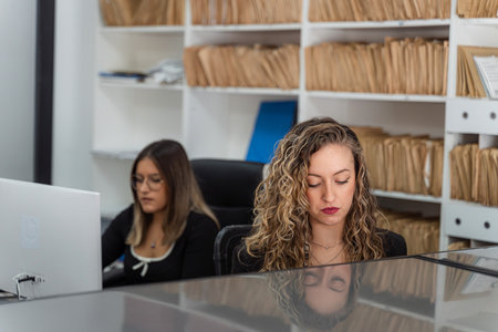 Two office workers concentrating on their tasks in a modern workspace, surrounded by shelves filled with files and documentsの写真素材