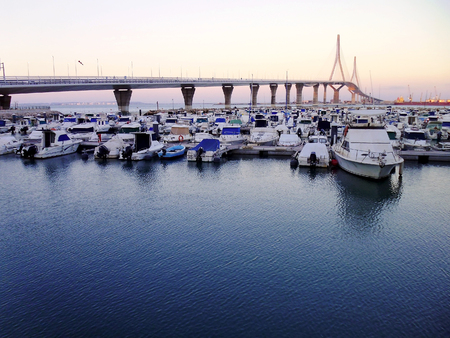 Fishing boats on the Constitution Bridge, called La Pepa, in the bay of Cadiz, Andalusia. Spainのeditorial素材