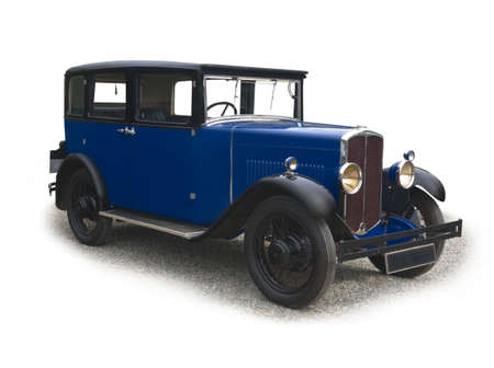 Vintage blue saloon car on a white backgroundの写真素材