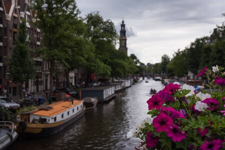 Bridge decorated with flowers, Amsterdam, Netherlandsの写真素材