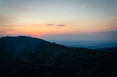 Mountain landscape at sunset with the haze covering the valley, Sierra de Francia, Salamanca, Spainの写真素材