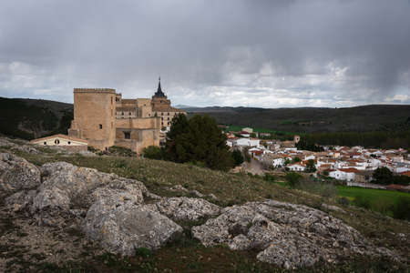 Panoramic view of UclÃ©s from the top of a hill, Cuenca, Spainのeditorial素材