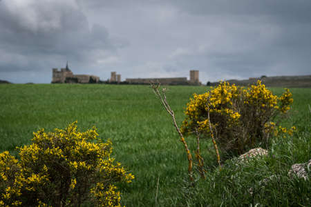 Nature landscape with the historical village of in UclÃ©s with its monastery and the castle in the background in spring, Cuenca, Spainのeditorial素材