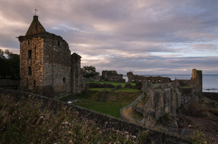 Saint Andrews Castle at sunset, Scotland, United Kingdomのeditorial素材