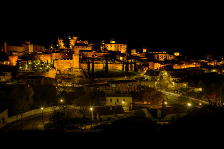 City landscape of the monumental city of CÃ¡ceres at night,   Extremadura, Spainの写真素材