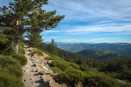 Trekking path on Guadarrama mountain range in a day with clouds and blue sky, Sierra de Guadarrama, Madrid, Spainの写真素材