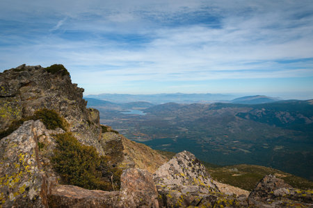 View of the Lozoya valley from the mountain peaks on Guadarrama mountain range, PeÃ±alara, Madrid, Spainの写真素材