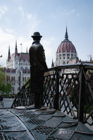 Statue of Imre Nagy facing the Hungarian Parliament Building - OrszÃ¡ghÃ¡z in Martyrs' Square Budapest, Hungaryのeditorial素材