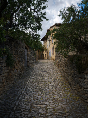 Cobbled streets and stone houses in the medieval village of Mirambel, Teruel, Spain