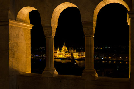 Hungarian parliament building from the Fisherman's Bastion at night, Budapest, Hungaryの写真素材