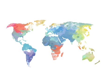 Watercolor World Map Poster Continents Oceanの写真素材
