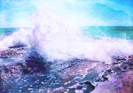 Tidal Wave Splashing on the Ocean Beach Cliffの写真素材