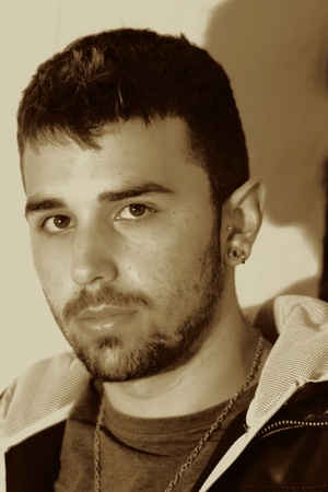 Close-up of the male models face