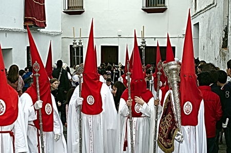 Carmona, Seville., Spain.- 27th March 2013.- Holy week procession.- Penitents in red and white 35のeditorial素材