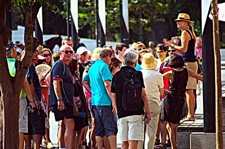 Sevilla  6th September 2013  Street photography  Group of tourists with a guideのeditorial素材