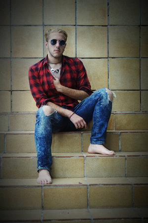 Young man in a red shirt 88の写真素材