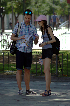 Sevilla -Spain- July 29 2015 - Urban life - Couple standing in the streetのeditorial素材
