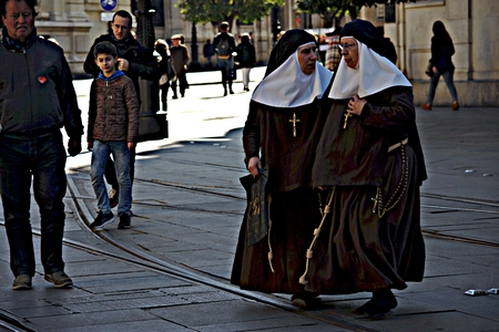 Seville, 8th February 2017 - Urban life - Nuns walking in the streetのeditorial素材