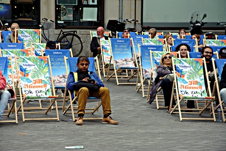 Amsterdam, Netherlands, 13-7-2017 - People sitting on hammocks outdoorのeditorial素材