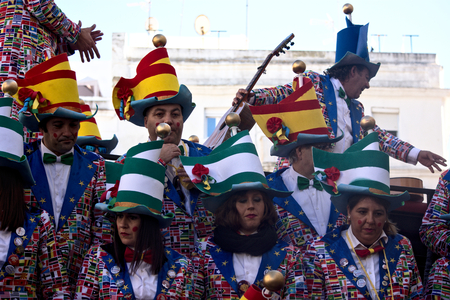 Cadiz, Spain, 11th February 2018 - Cadiz Carnaval, groups, people & masksのeditorial素材