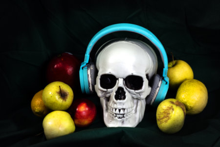 This is a still life with a scull and some fruit (apples, mango and lemon). It includes also blue...
