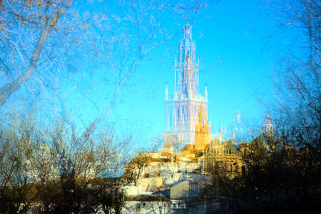 This is a somewhat abstract approch to the tower of the parish church of Saibnt Peter in Carmona, Seville. This tower is one of the landmarks of Carmonaの写真素材