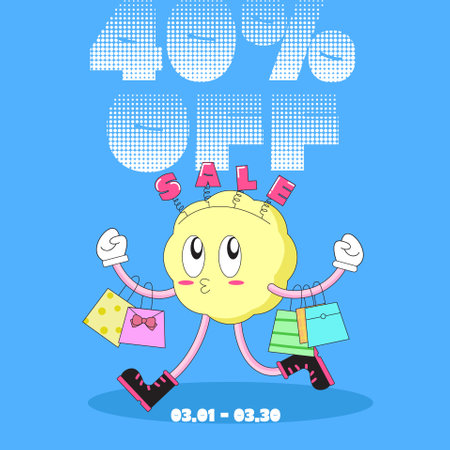 Cute monster with shopping bags and sale text. Vector illustration.のイラスト素材
