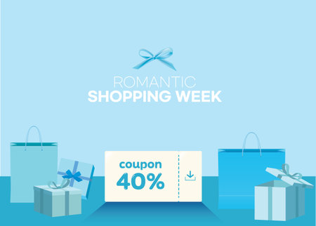 Vector illustration of a discount voucher with shopping bags and gift boxes.のイラスト素材