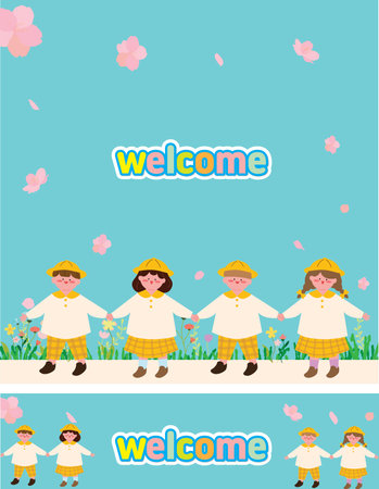 Welcome welcome card with cute boys and girls in traditional costume. Vector illustration.のイラスト素材