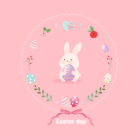 Easter greeting card with cute bunny and eggs. Vector illustration.のイラスト素材