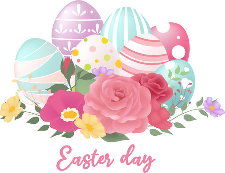 Easter card with eggs and flowers on white background. Vector illustration.のイラスト素材