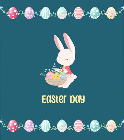 Easter greeting card with cute bunny and basket of eggs. Vector illustration.のイラスト素材