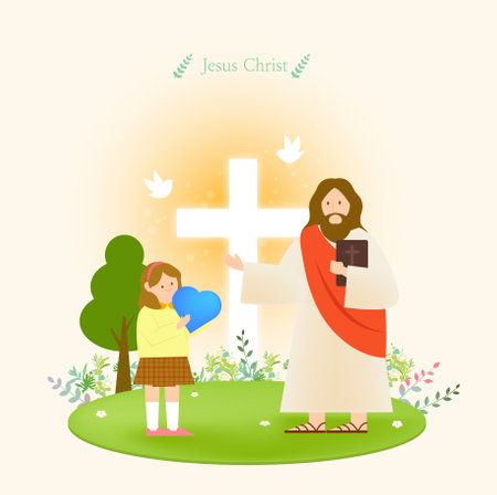 Cute cartoon vector illustration of Jesus Christ and baby Jesusのイラスト素材