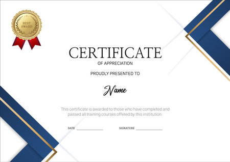 Certificate of achievement template with blue lines and gold border. Vector illustrationのイラスト素材