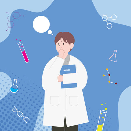 Illustration of a young male scientist wearing a lab coat and holding a test tubeのイラスト素材