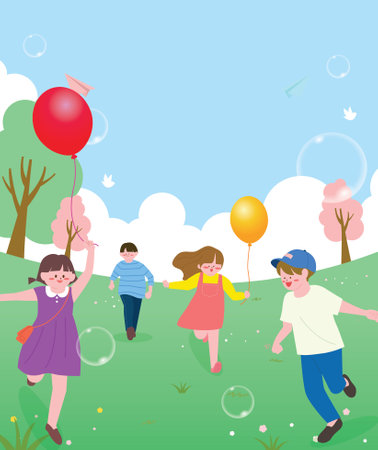 Children playing in the park with balloons and bubbles. Vector illustration.のイラスト素材