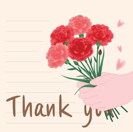 Thank you card with hand holding bouquet of carnations. Vector illustrationのイラスト素材