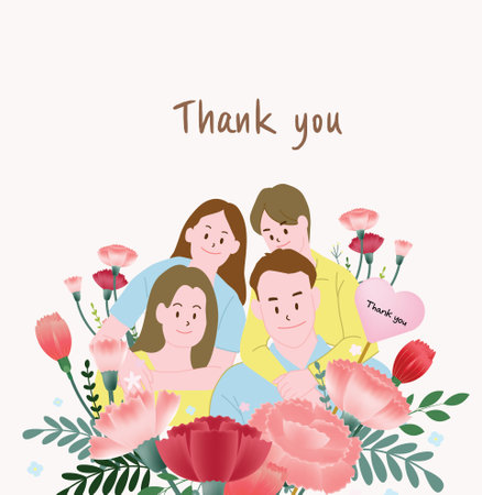 Thank you card with family and flowers. Vector illustration for your designのイラスト素材