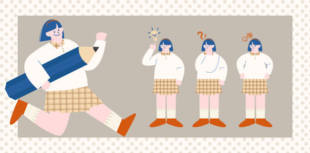 Children in Korean traditional clothes with pencils. Illustration in vector formatのイラスト素材