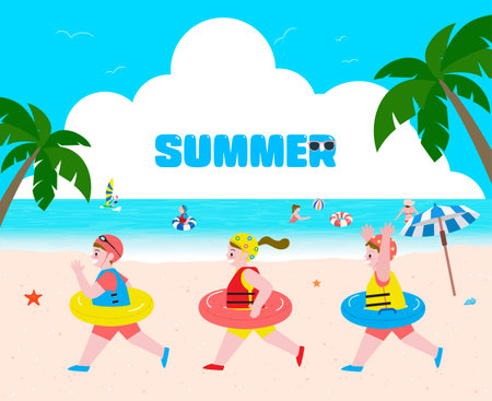 Summer beach flat design vector illustration. Kids playing on the beach.のイラスト素材
