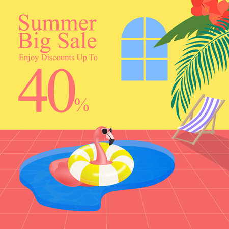 Summer sale banner with swimming pool, palm trees and inflatable ringのイラスト素材