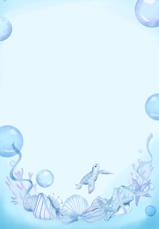 Underwater background with seashells, starfish and turtleの写真素材